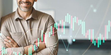 Smiling Businessman in Office With Folded Arms and Financial Data Overlayの写真素材