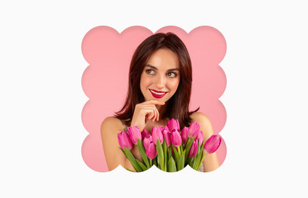 Beautiful Woman Holding Pink Tulips Against a Soft Pink Background in a Cheerful Collageの写真素材