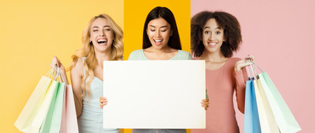 Three Women Enjoying a Day of Shopping and Sharing Smiles in a Bright Collage Settingの写真素材