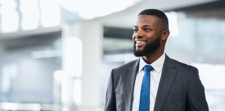 Man in Suit Smiles While Standing Indoors in Bright Modern Office Space During Daytime