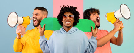 Group of Friends Having Fun With Megaphones in a Colorful Setting During an Afternoon Gatheringの写真素材