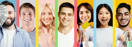 Collage of Happy People Smiling With Shopping Bags and Money in Vibrant Colorsの写真素材