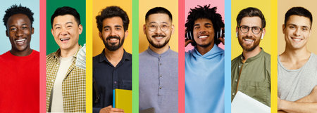 Diverse Group of Men Smiling Together in a Vibrant Setting With Colorful Backgrounds