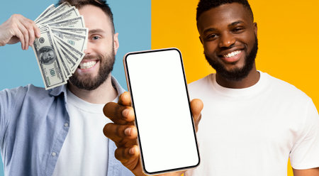 Two People Smiling With Money and a Smartphone in a Colorful Setting