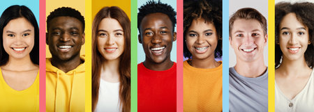 Collage of Diverse People Smiling With Colorful Backgrounds in a Joyful Settingの写真素材