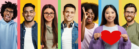 Diverse Group of Young People Smiling and Showing Love in a Colorful Setting