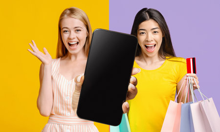 Young Women Celebrate Shopping Success While Holding Phone and Bags in Bright Colors