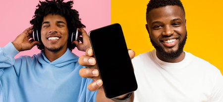 Two Men Enjoying Music and Sharing a Smartphone in a Vibrant Studio Setting