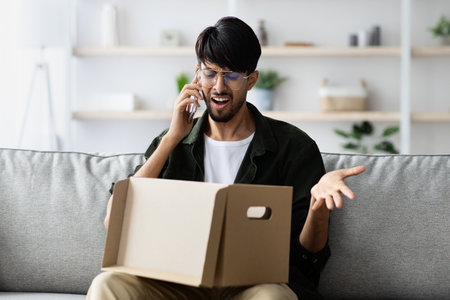 Young Man Sitting on Sofa Excitedly Talking on Phone While Opening Delivery Box in Bright Living...
