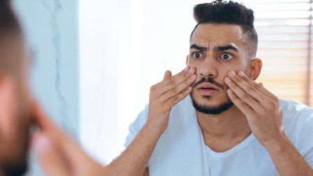 Man Examines His Skin in a Mirror While Making an Expression of Concern at Homeの写真素材
