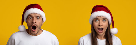 Surprised Couple Wearing Christmas Hats With Bright Yellow Background