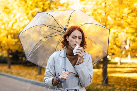 Woman in Raincoat With Umbrella During Autumn in Park With Yellow Leaves