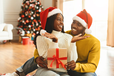 Couple Celebrates Christmas Together in a Cozy Room With a Decorated Tree and Giftsの写真素材