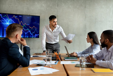 Young Middle Eastern Boss Expresses Frustration During Corporate Meeting Over Business Failureの写真素材