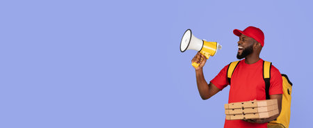Delivery Person With Megaphone Promoting Pizza Service While Holding Boxes at Studio Backdropの写真素材