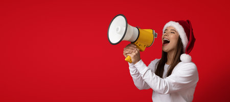 Woman in Santa Hat Using a Megaphone Against a Red Background During a Festive Celebrationの写真素材
