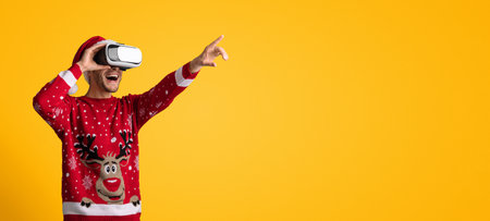 Person Enjoying Virtual Reality With a Festive Sweater and Santa Hat Against a Yellow Background