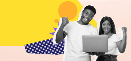 Excitement and Joy in a Colorful Collage Capturing a Successful Moment With Technology
