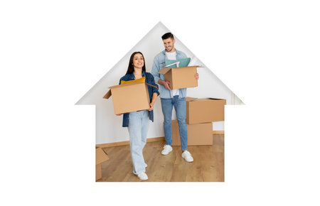 Young Couple Moving Into New Home With Cardboard Boxes and Bright Smiles