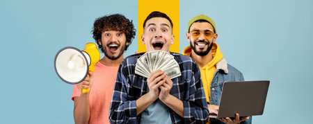 Friends Celebrating Success With Money and Enthusiasm in Bright Studio Setting