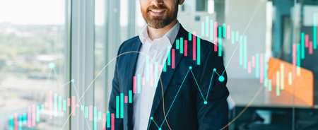 Confident Businessman in Formal Wear Smiling Near Office Window With City Viewの写真素材