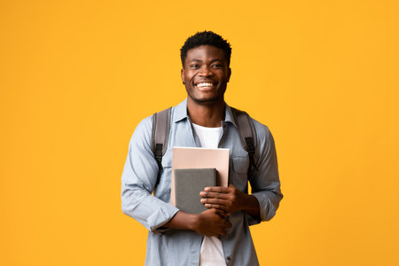 Positive african american guy student with books on yellowの写真素材