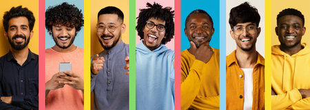 Diverse Group of Men Expressing Joy and Creativity While Posing Against Colorful Backgroundsの写真素材