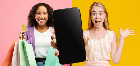 Excited Shoppers Display Purchases and Mobile Device in Vibrant Shopping Scene
