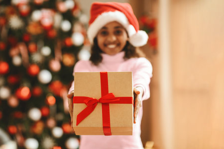 Holiday Season Gift Giving With a Child in Front of a Decorated Tree in a Cozy Room
