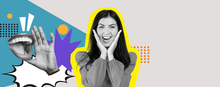 Collage of Expressive Hands and Faces Showcasing Emotions and Creativity in Vibrant Colorsの写真素材