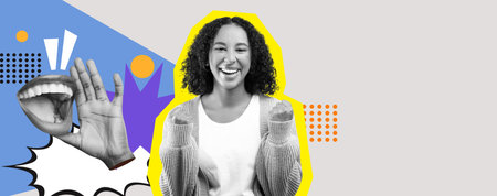 Vibrant Collage Showcasing Joyful Expressions and Dynamic Gestures in a Creative Designの写真素材