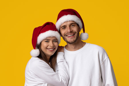 Happy Couple Celebrating Christmas Wearing Santa Hats on a Bright Yellow Backgroundの写真素材