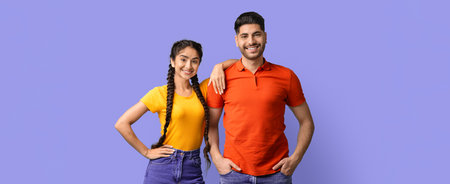 Friends Posing Happily Together Wearing Bright Clothes Against a Purple Background