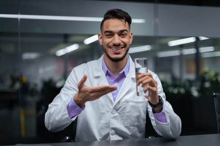 Smiling Man in Lab Coat Holds Glass of Water While Explaining Something in a Modern Roomの写真素材