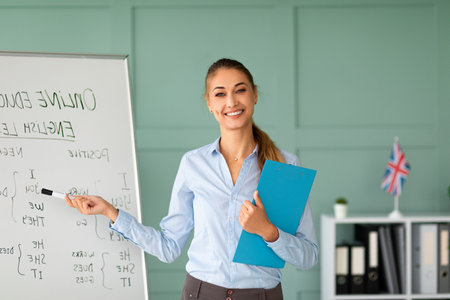 Cheerful Tutor Teaching English Grammar and Engaging With Students in a Bright Classroomの写真素材