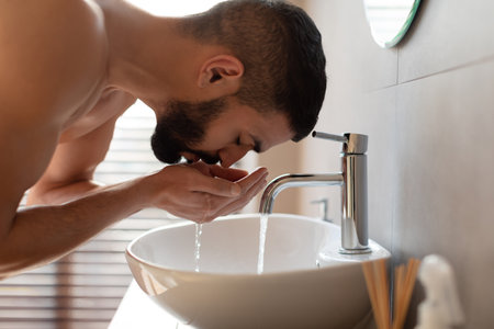 Muscular Man Performing Morning Skincare Routine While Washing His Face in Bathroomの写真素材