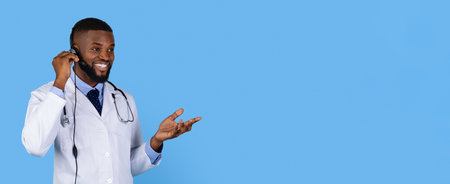 Smiling Doctor on the Phone in a Professional Setting With Light Blue Background