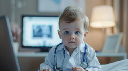 Little Boy Sitting on Bed With Stethoscopeの素材