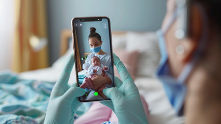 Woman Taking Picture of Baby on Phoneの素材