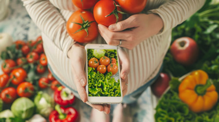 Woman Holding Cell Phone With Tomatoesの素材