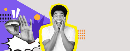 Creative Collage of Joyous Expressions and Dynamic Graphics Highlighting Excitement and Surpriseの写真素材