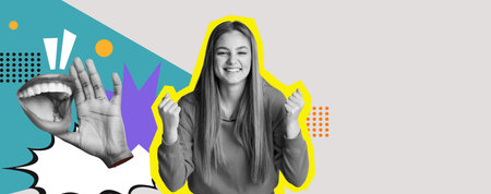 Collage of Excitement With a Girl and Expressive Hands in Vibrant Colors and Designsの写真素材