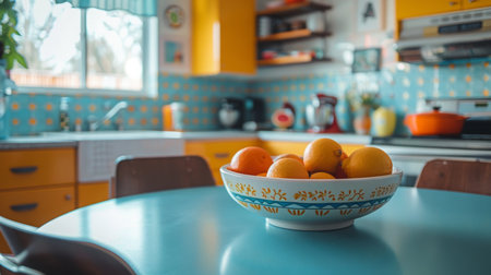 Retro-Styled Kitchen With Fruit Bowl on Table in Daylightの素材