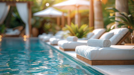 Luxurious Poolside Retreat With Sun Loungers in Tropical Resort at Sunsetの素材