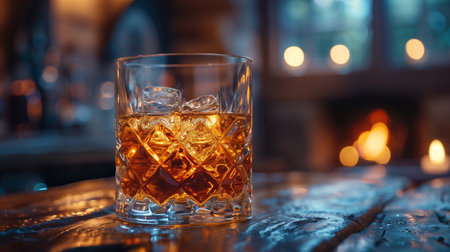 Whiskey glass sits atop the bar counter, inviting a sip of its amber warmth and smoothnessの素材