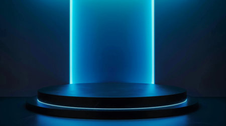 Futuristic Neon-Lit Stage With Blue Lights at Nightの素材