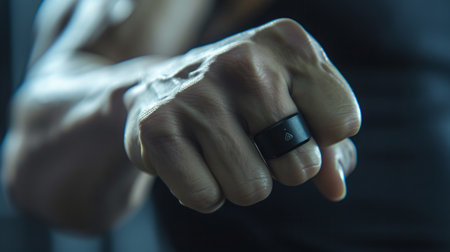 Closeup of a Black Smart Ring Worn on a Persons Fingerの素材