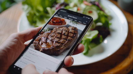 Person Browsing Grilled Steak Recipe on Smartphone While Eating Saladの素材