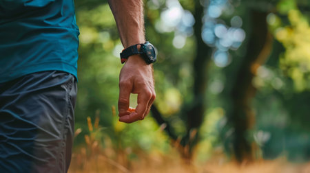 Close Up of a Runners Hand Wearing a Smartwatch in a Forestの素材