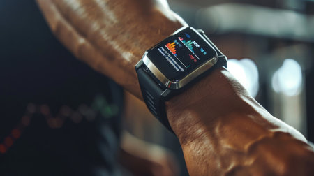 Close Up of Mans Wrist Wearing a Smartwatch During a Workout at the Gymの素材